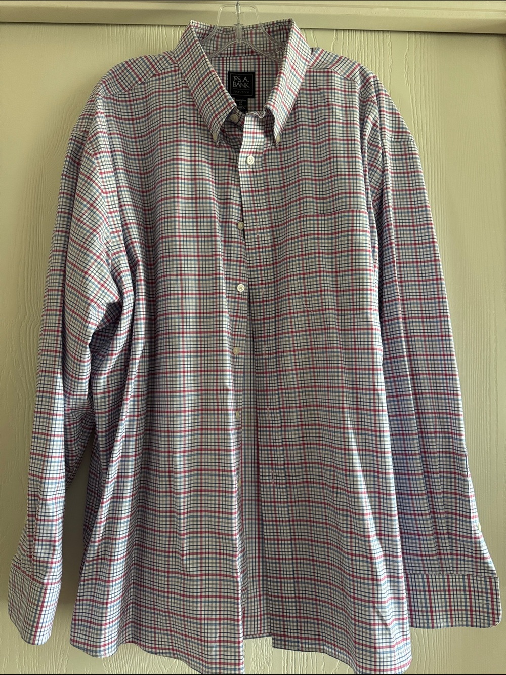 Jos Banks Traveler Men's Button-Down Plaid Shirt in White, Blue & Pink
